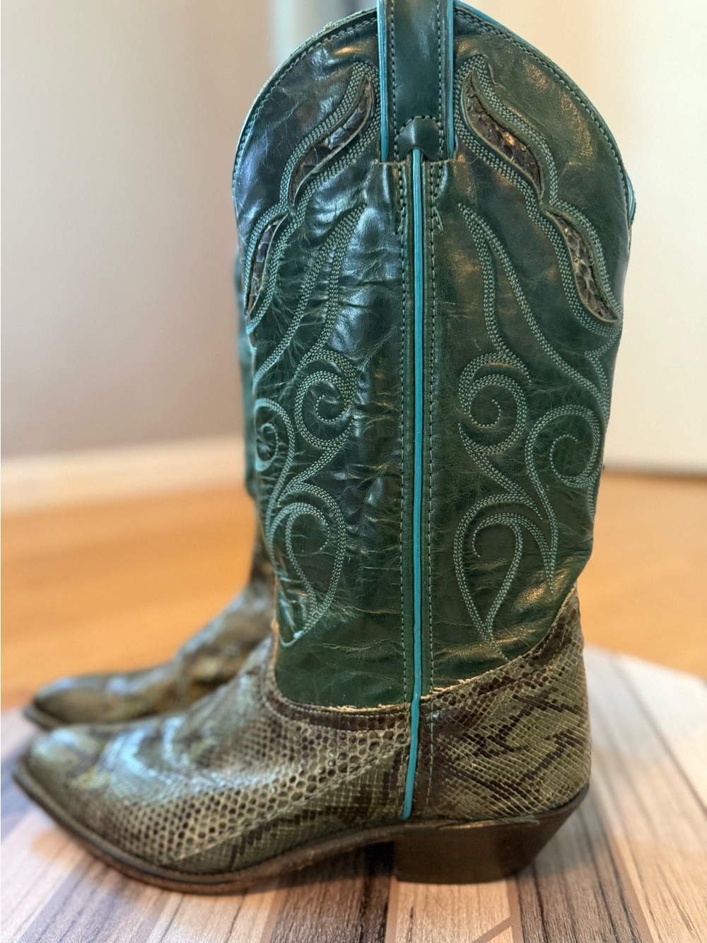 Vintage Python Snakeskin Women’s Cowboy Boots Teal Western Snip Toe Size: 8 - Picture 4 of 16